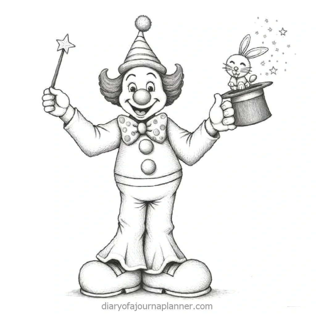Illustration of a happy clown performing magic with a hat and rabbit, holding a wand, black and white sketch.
