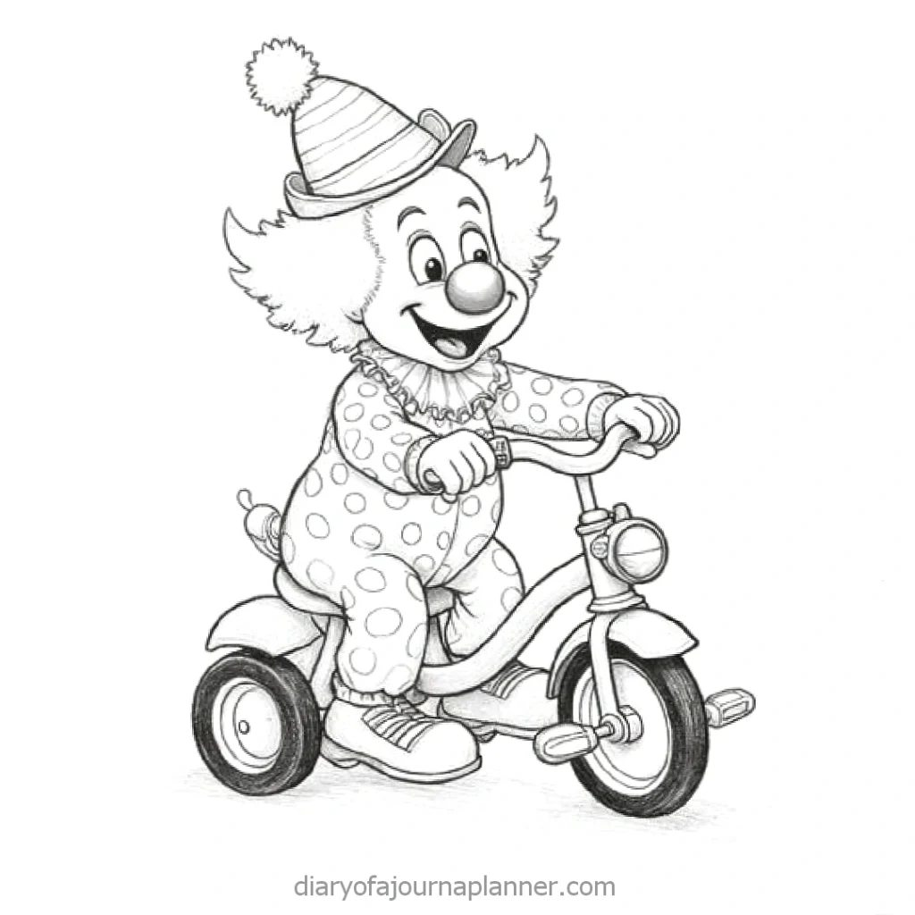 Sketched clown riding a tricycle, wearing polka-dot costume with a festive hat, expressing joy.