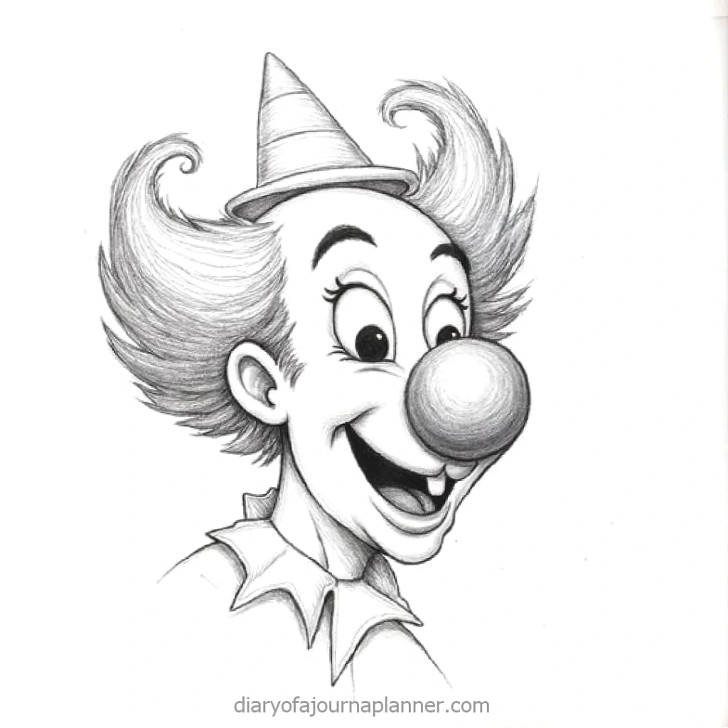 Smiling clown sketch with big nose, fluffy hair, and cone hat, capturing playful expression.