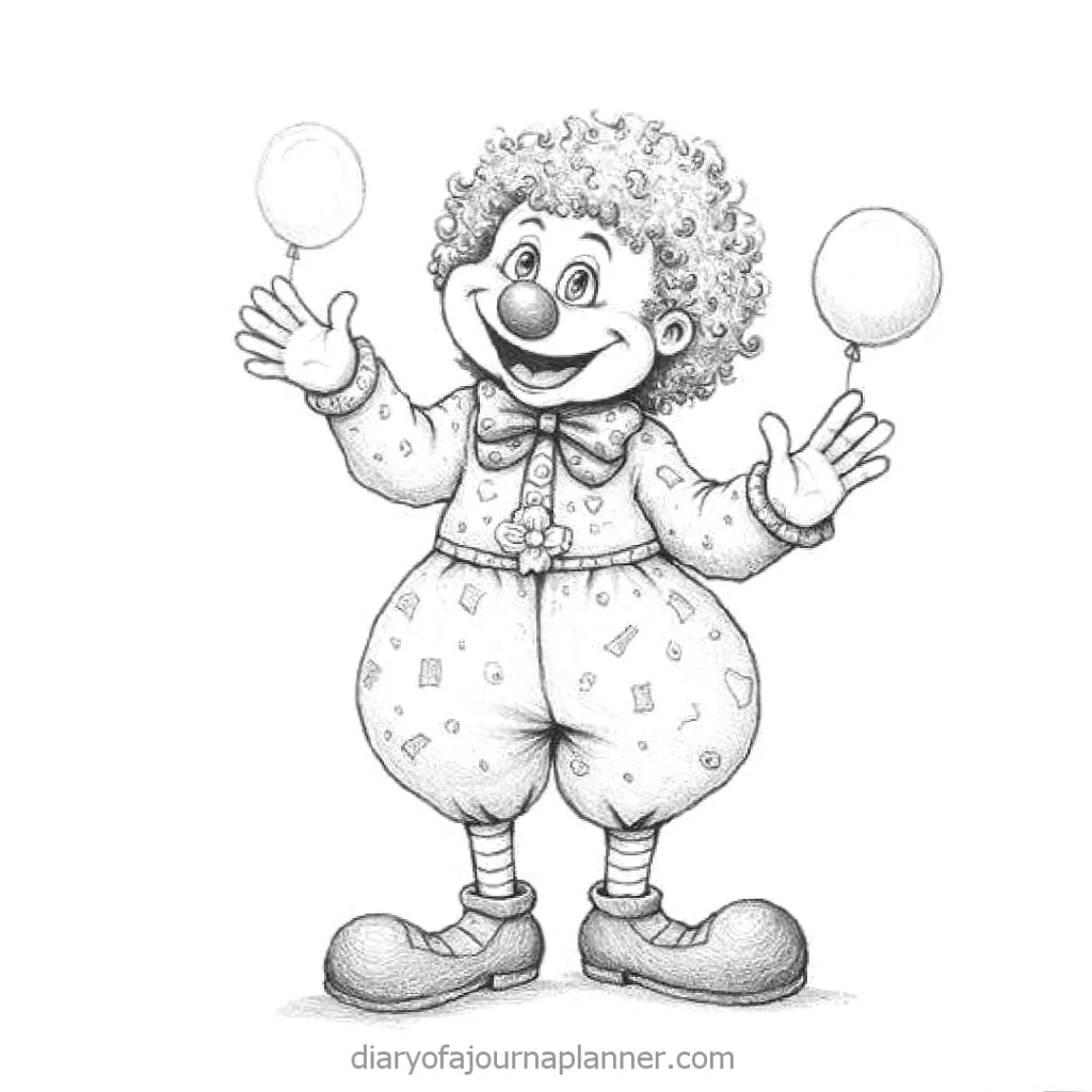 Colorful clown illustration with curly hair and balloons, smiling joyfully. Perfect for party or circus themes.