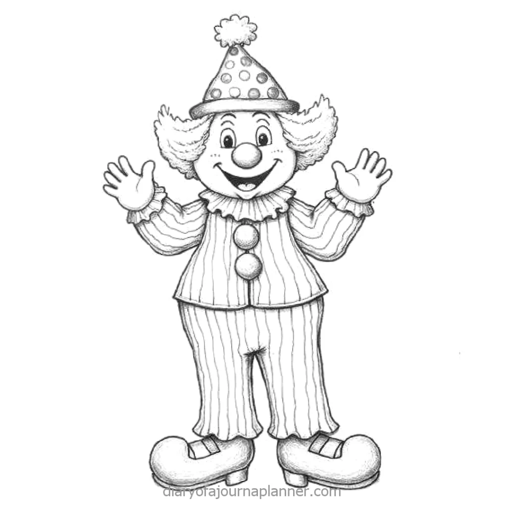 Cheerful clown illustration waving, wearing a polka dot hat and striped outfit.