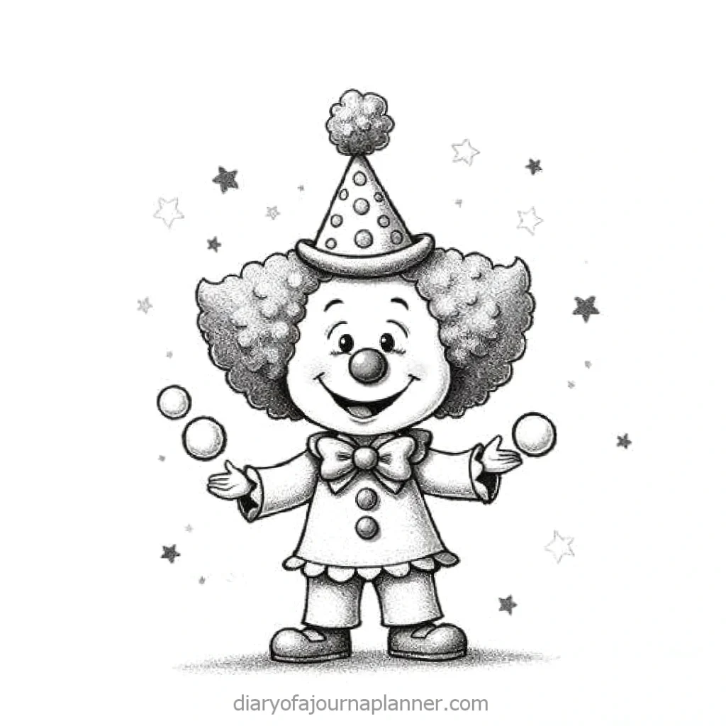 Cute clown juggling balls with a big smile, wearing a polka dot hat, surrounded by stars. Black and white illustration.