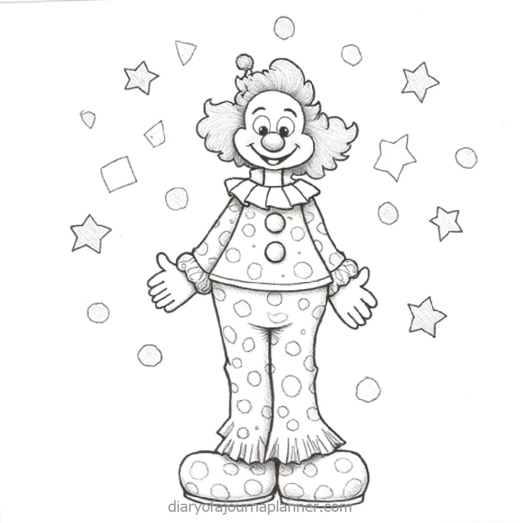 Black and white illustration of a cheerful clown with polka dots, surrounded by stars and geometric shapes.