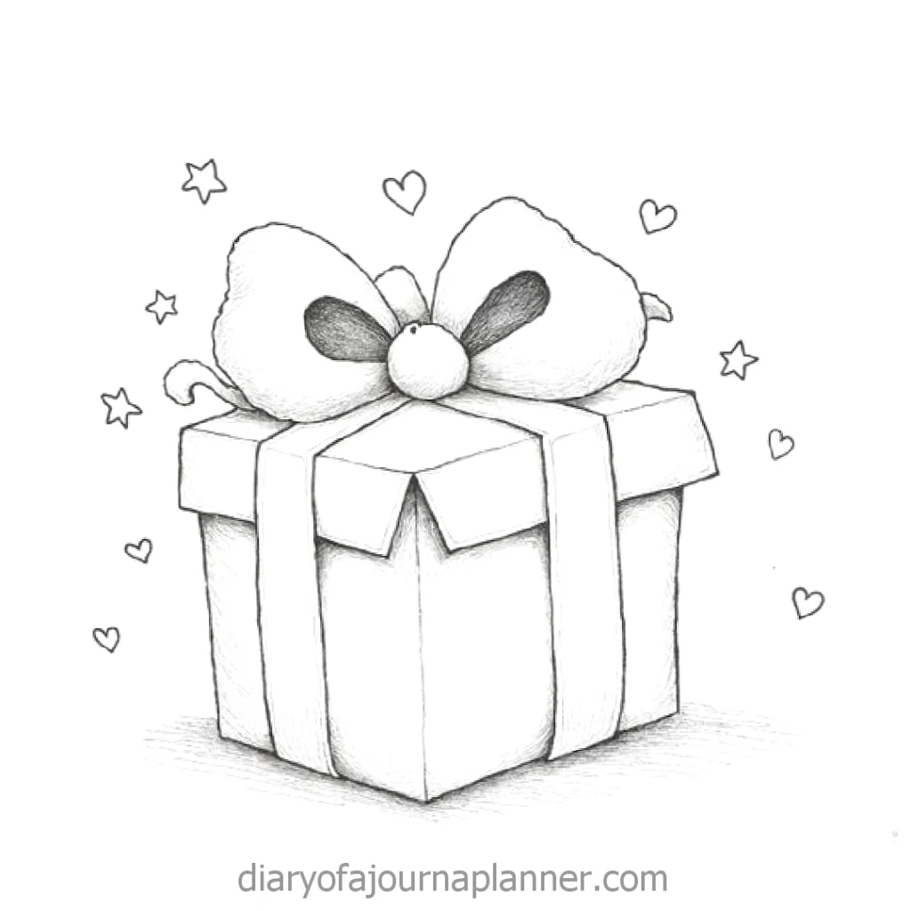 Hand-drawn gift box with a bow surrounded by stars and hearts, perfect for festive occasions or celebrations.