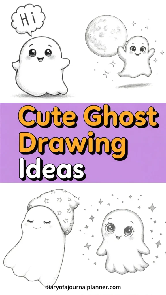 Cute ghost drawing ideas with smiling ghosts, moon, stars, and a ghost wearing a nightcap. Perfect for Halloween art!