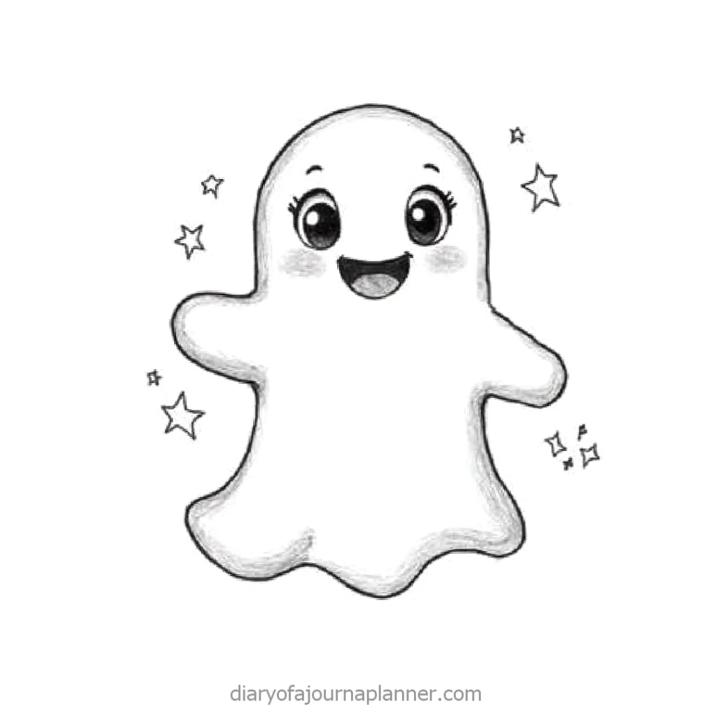Cute smiling cartoon ghost with stars, perfect for Halloween-themed designs. Black and white drawing.