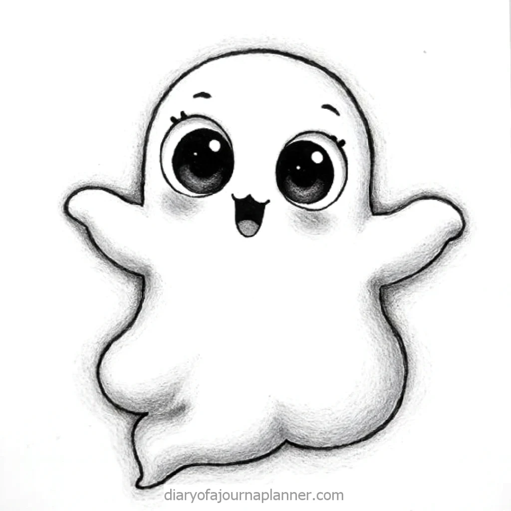 Cute cartoon ghost with big eyes and a happy expression, floating with outstretched arms on a white background.