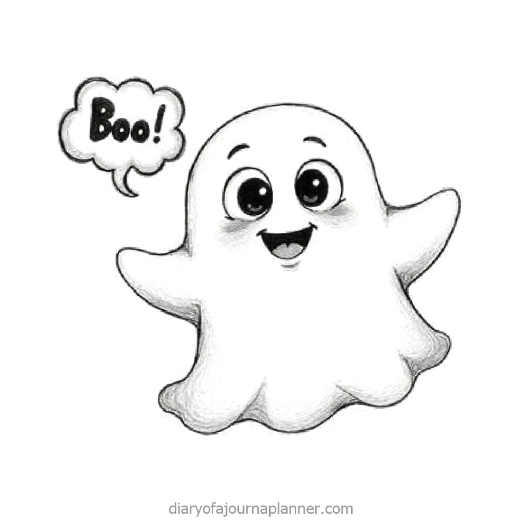 Cute cartoon ghost with big eyes saying Boo! in a speech bubble, perfect for Halloween fun.