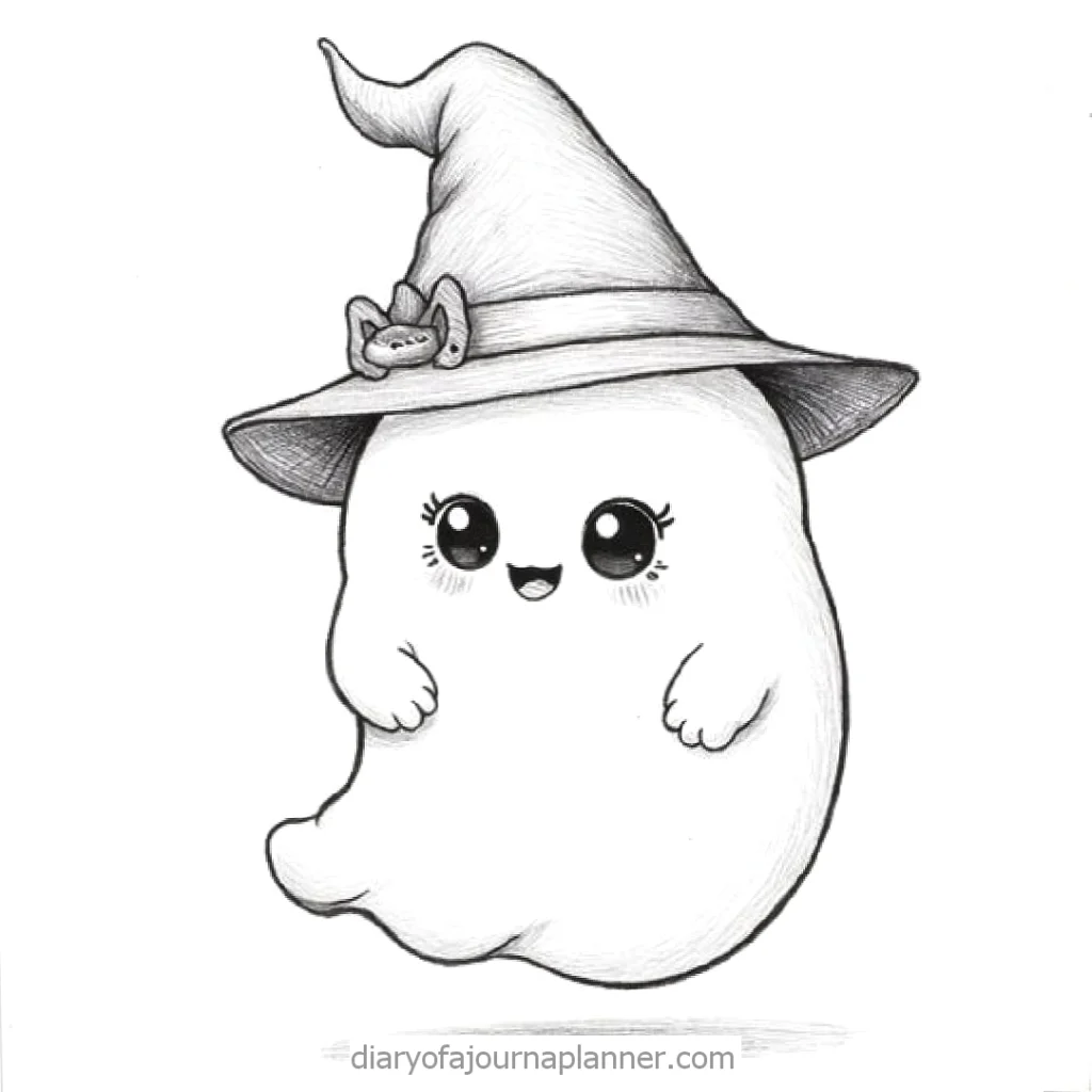 Cute ghost with a witch hat and cat decoration, perfect for Halloween. Black and white illustration.