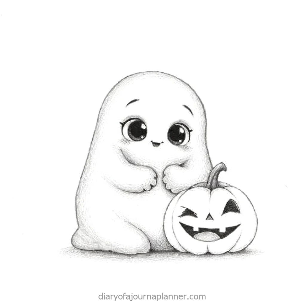 Cute ghost hugging a smiling pumpkin, perfect for Halloween-themed artwork. Black and white sketch.