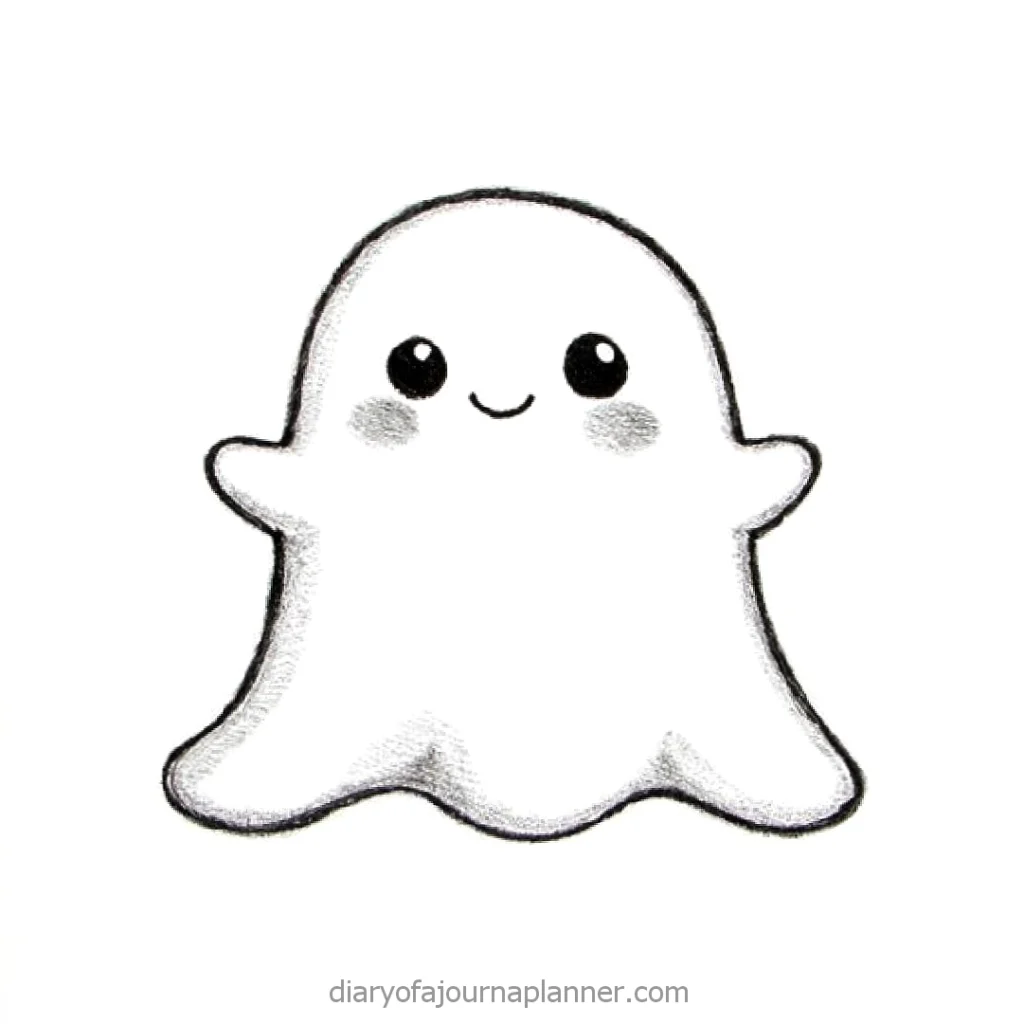 Cute cartoon ghost with big eyes and a smile on a white background.