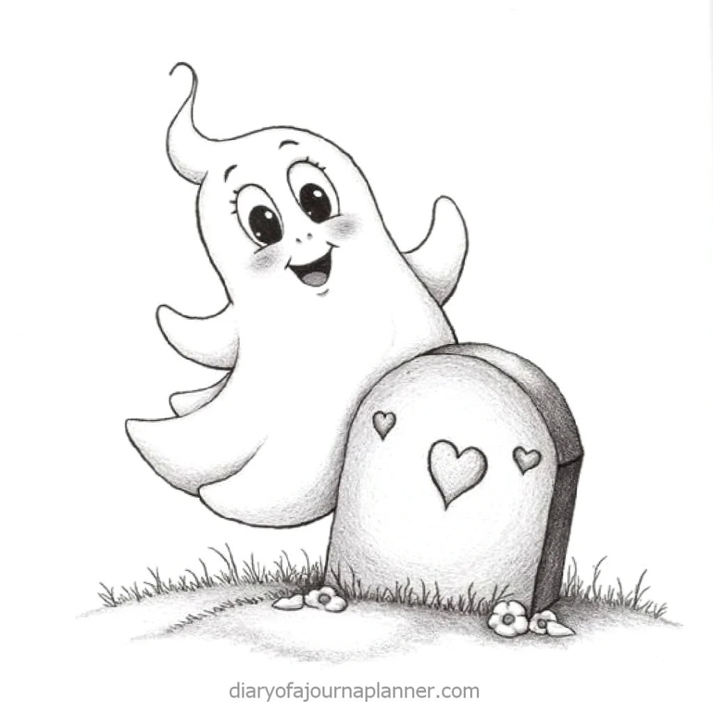 Friendly cartoon ghost beside a smiling gravestone with hearts. Black and white illustration.
