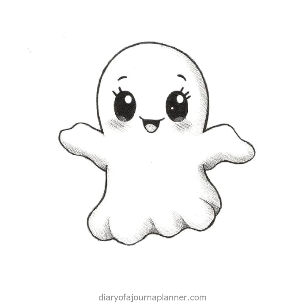 Cute smiling ghost illustration with big eyes and open arms, perfect for Halloween designs and decorations.