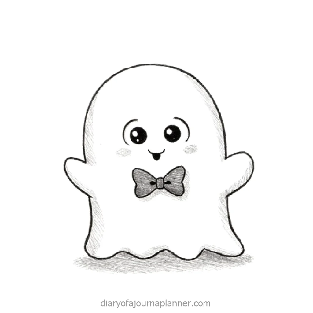 Cute ghost drawing with bow tie, smiling with open arms. Black and white sketch, simple and adorable Halloween art.