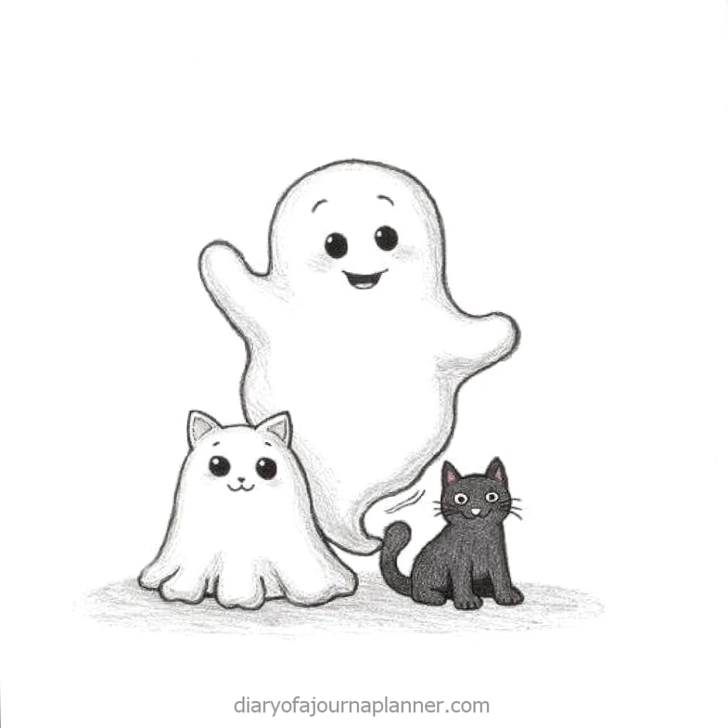 Cute ghost trio: a happy ghost, ghost cat, and black cat sitting together on a white background.