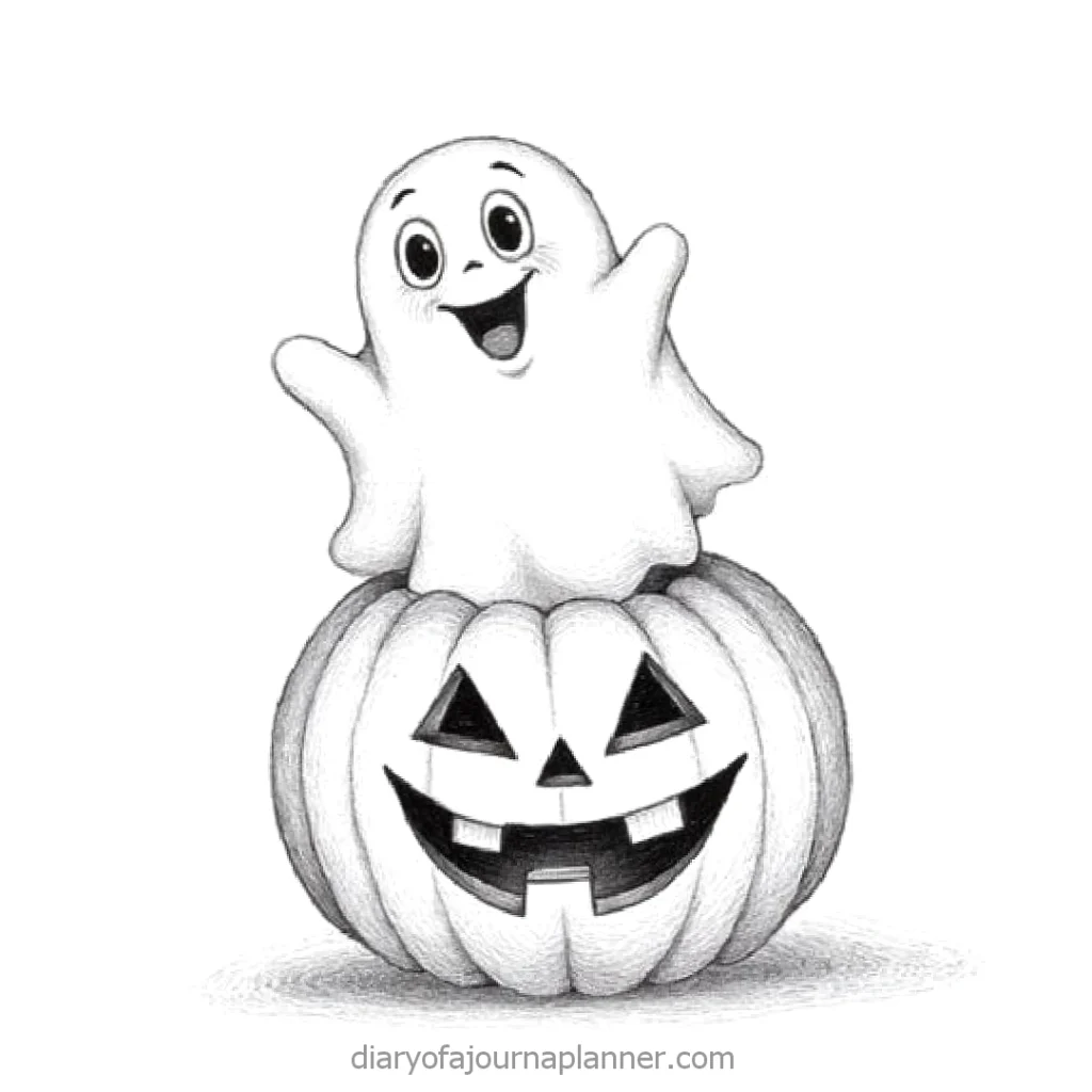 Happy ghost on a jack-o'-lantern drawing, perfect for Halloween themes and festive decorations.