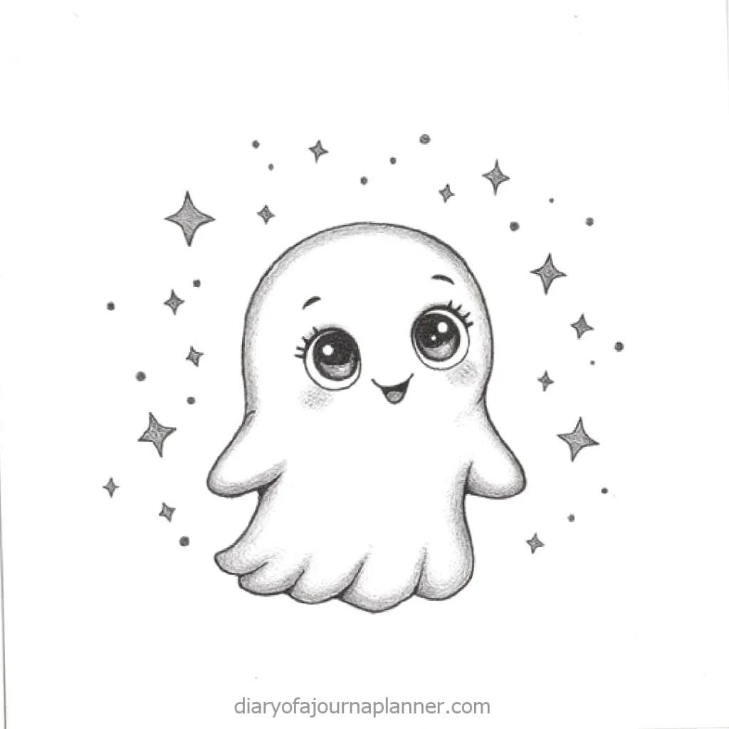 Cute cartoon ghost with big eyes surrounded by stars, perfect for Halloween or kid-friendly designs.