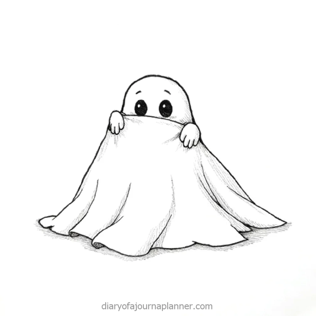 Cute cartoon ghost hiding under a blanket, wide-eyed and playful. Perfect for Halloween themes.
