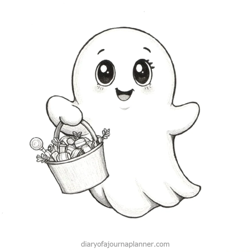 Cute cartoon ghost holding Halloween candy bucket, smiling widely. Perfect for Halloween-themed designs and illustrations.