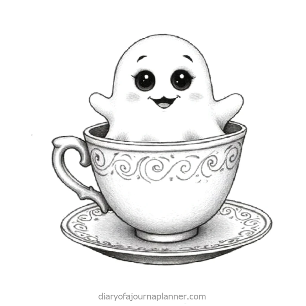 Cute ghost in a decorative teacup illustration, smiling playfully. Perfect for Halloween or whimsical designs.