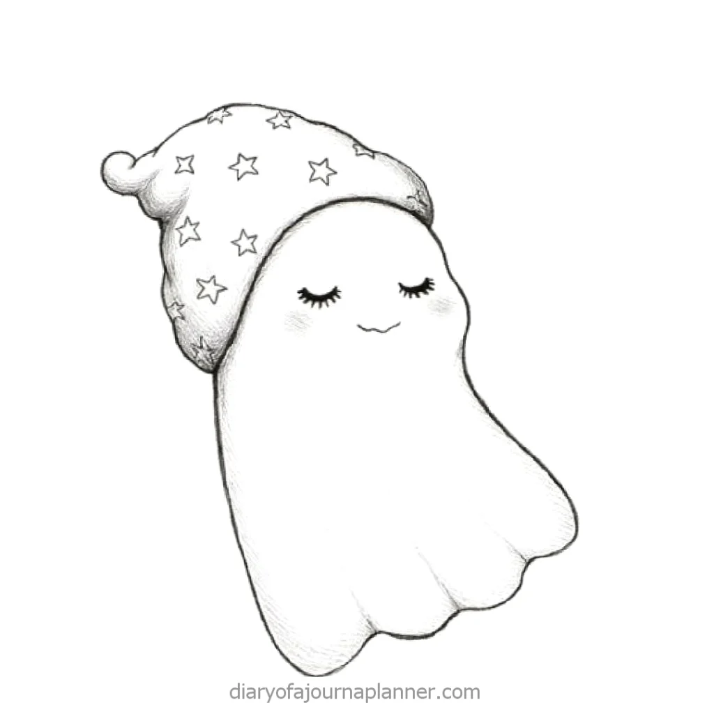 Cute ghost with a starry nightcap, smiling with closed eyes. Black and white illustration.