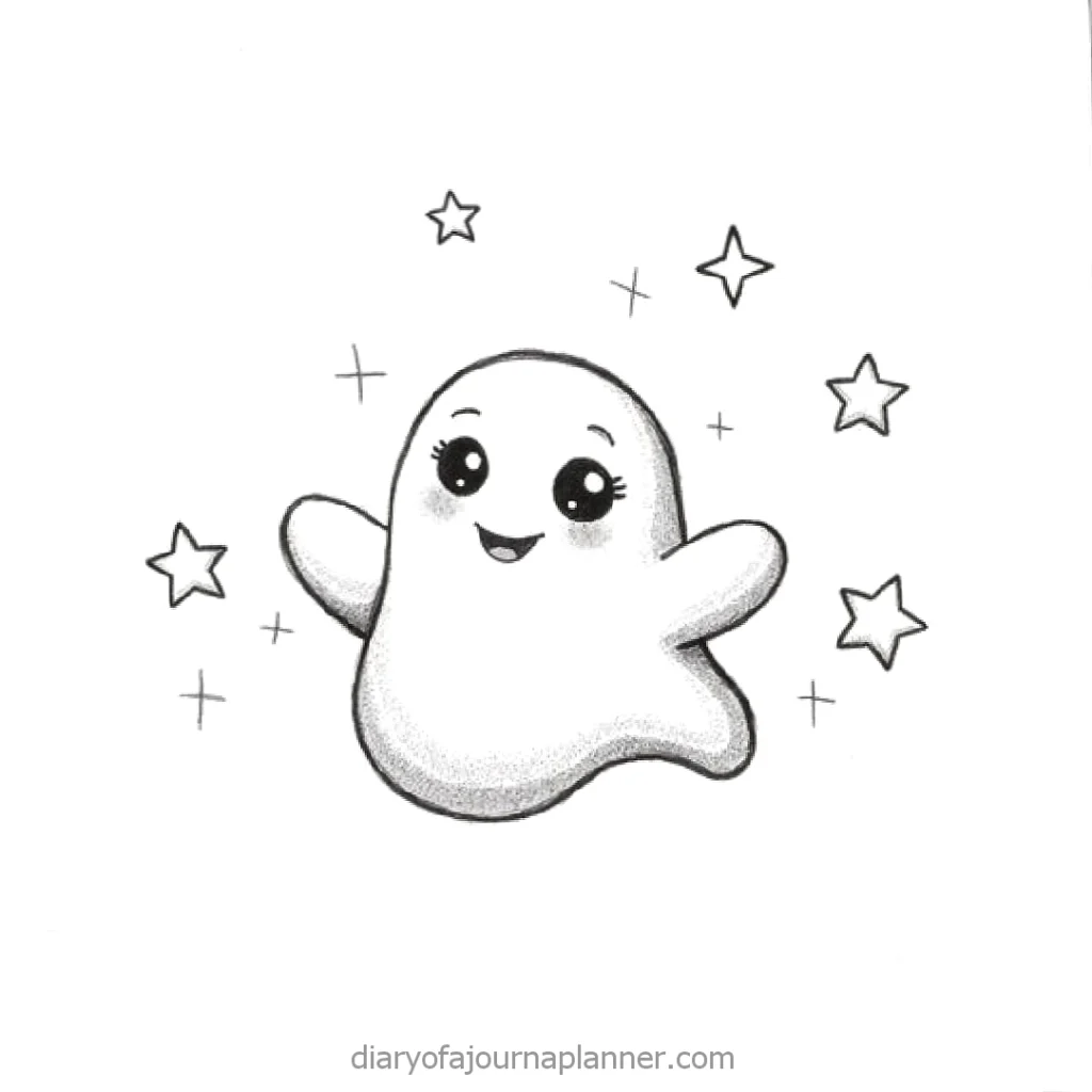 Cute ghost doodle with smiling face surrounded by stars, perfect for Halloween decoration or kid-friendly designs.