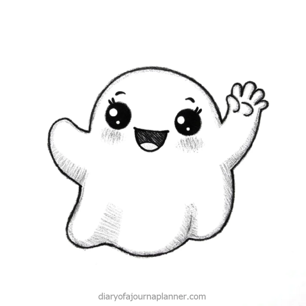 Cute cartoon ghost waving with a smile, black and white illustration.