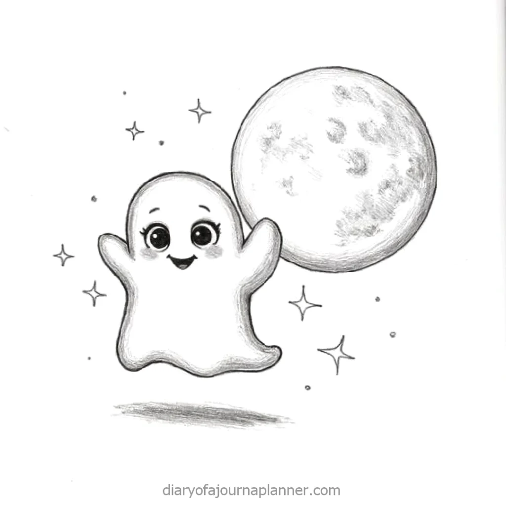 Cute ghost sketch with a smiling face beside a bright moon and surrounded by twinkling stars.