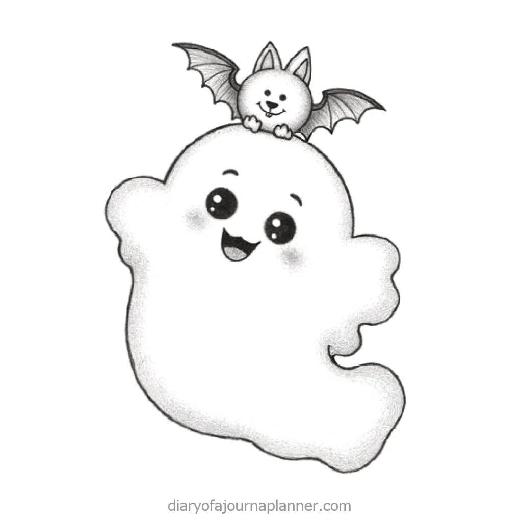 Cute, smiling ghost with a playful bat on its head, perfect for Halloween-themed designs and decorations.