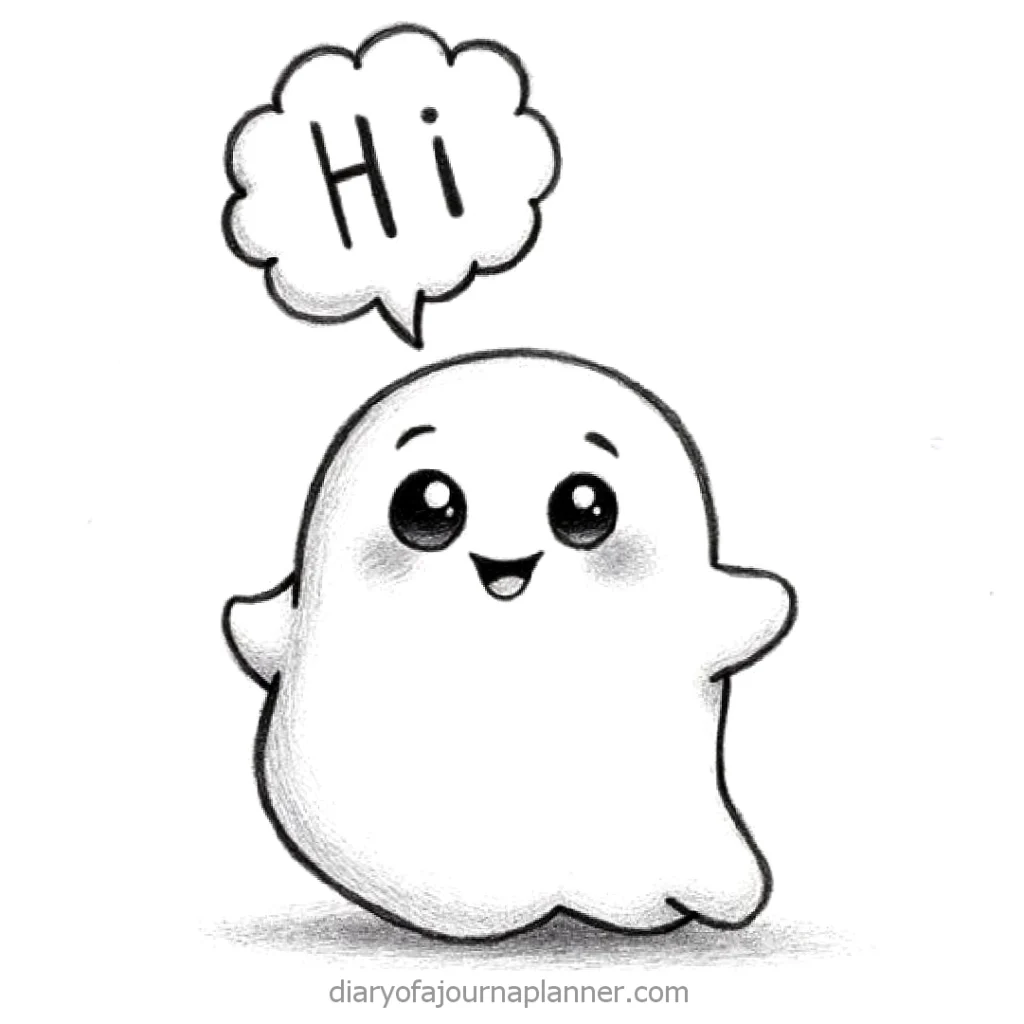 Cute cartoon ghost with a friendly smile and Hi speech bubble, greeting viewers.