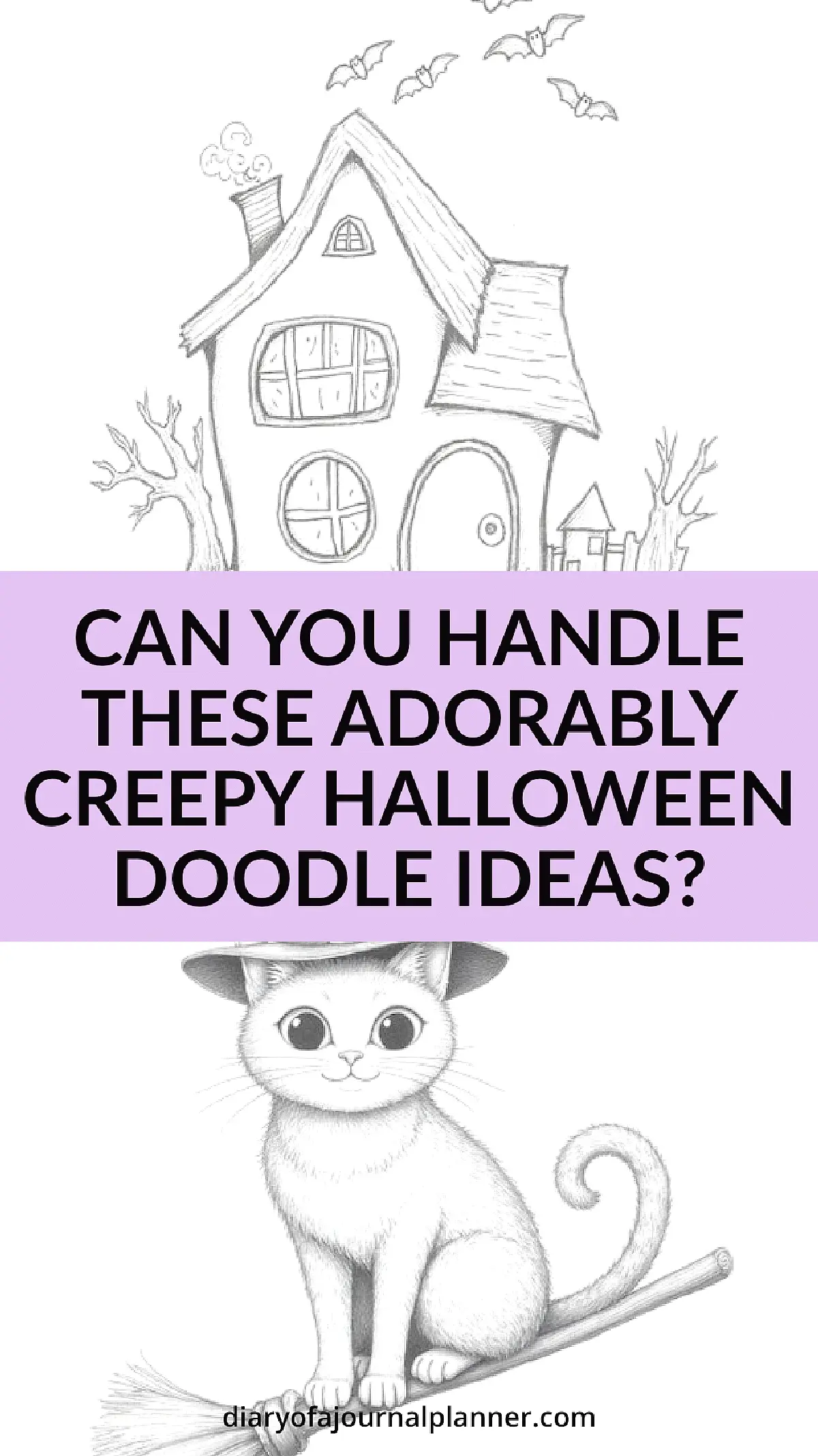 Adorable Halloween doodle of a witch cat on a broomstick and spooky house with bats and trees.