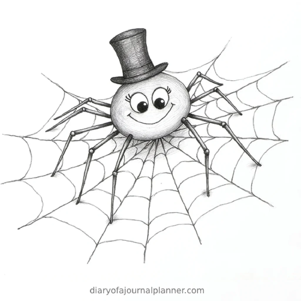 Cartoon spider wearing a top hat smiling on a web, illustrated in black and white.
