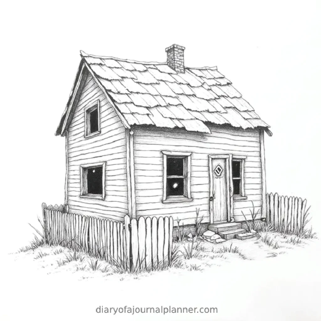 Sketch of a rustic house with wooden siding and a picket fence, showcasing vintage architectural style.
