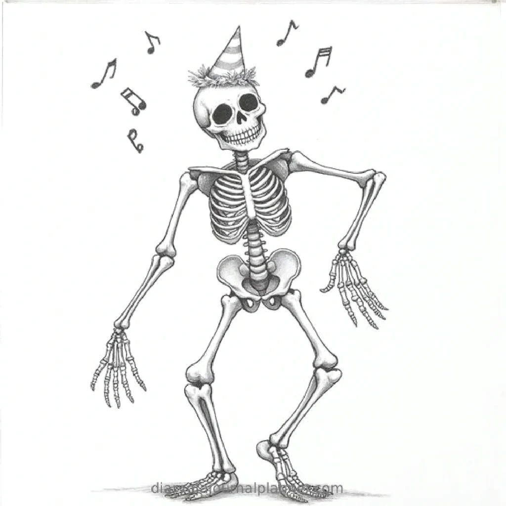 Dancing skeleton in a party hat with musical notes, celebrating joyfully. Fun Halloween illustration.