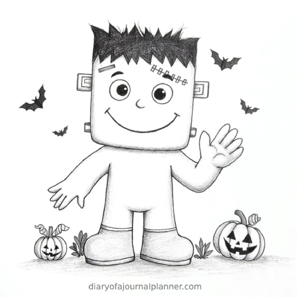 Cute cartoon Frankenstein waving with pumpkins and bats around, perfect for a Halloween theme.