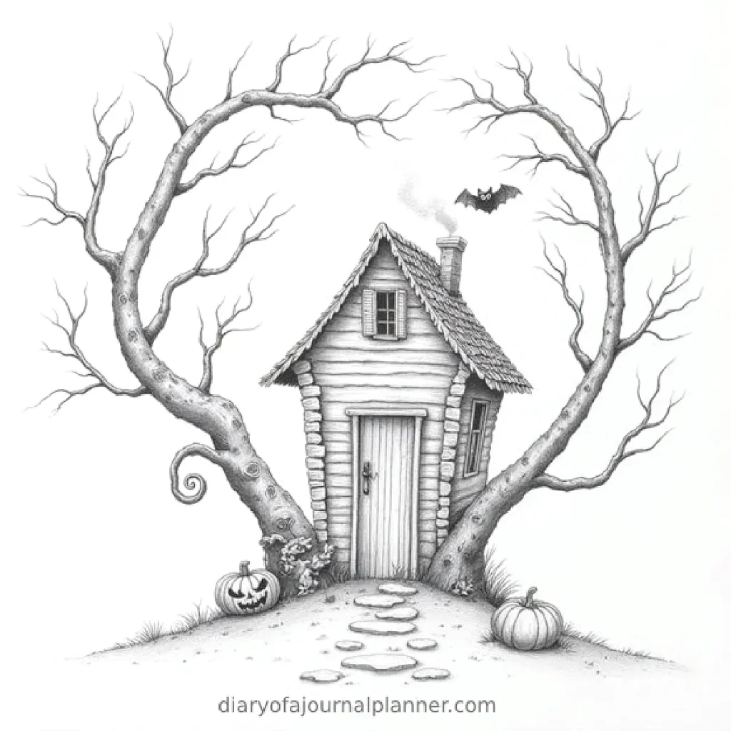 Spooky crooked house with pumpkins, bat, and twisted trees, perfect for Halloween or haunted themes.