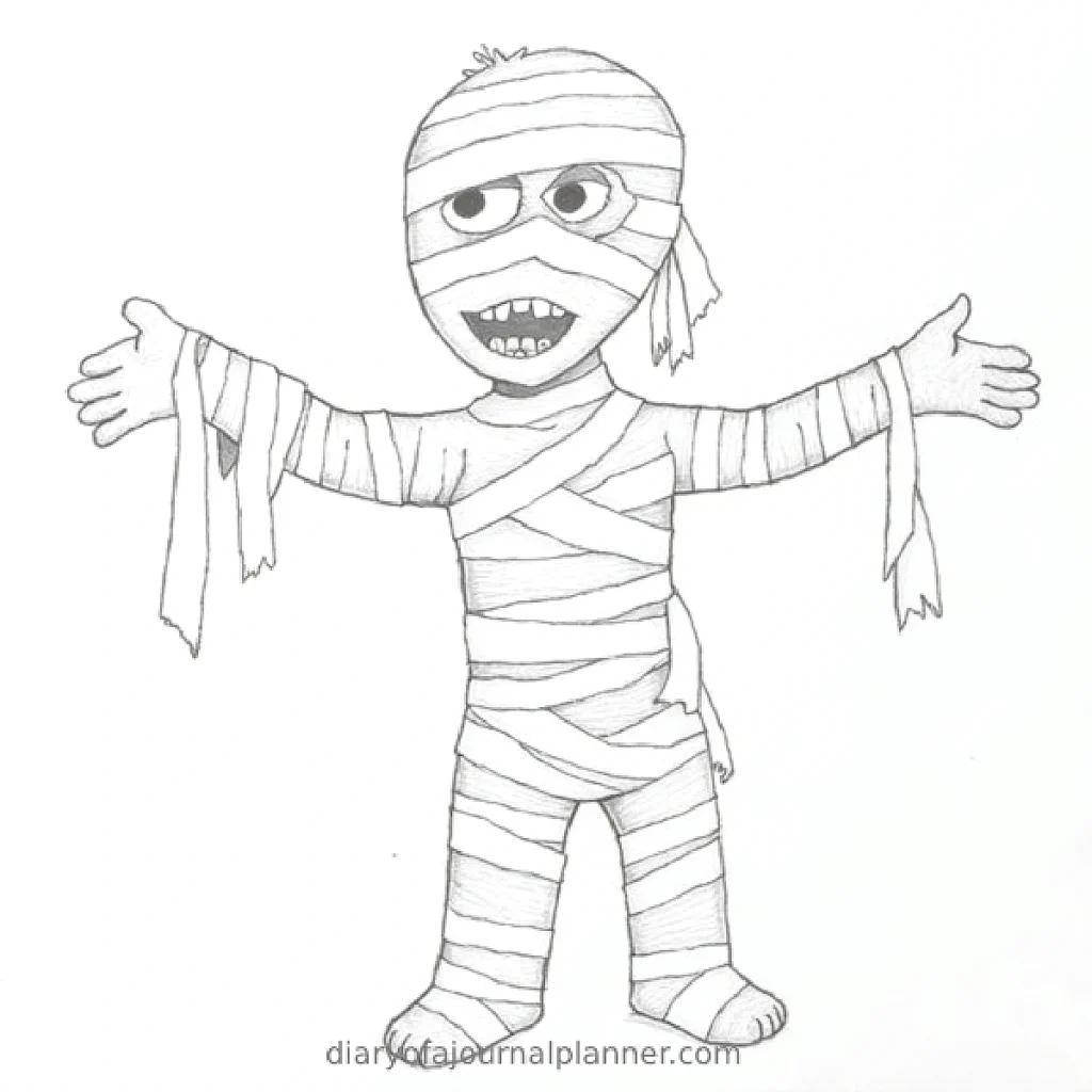 Cartoon mummy character sketch with outstretched arms, covered in bandages. Halloween illustration.
