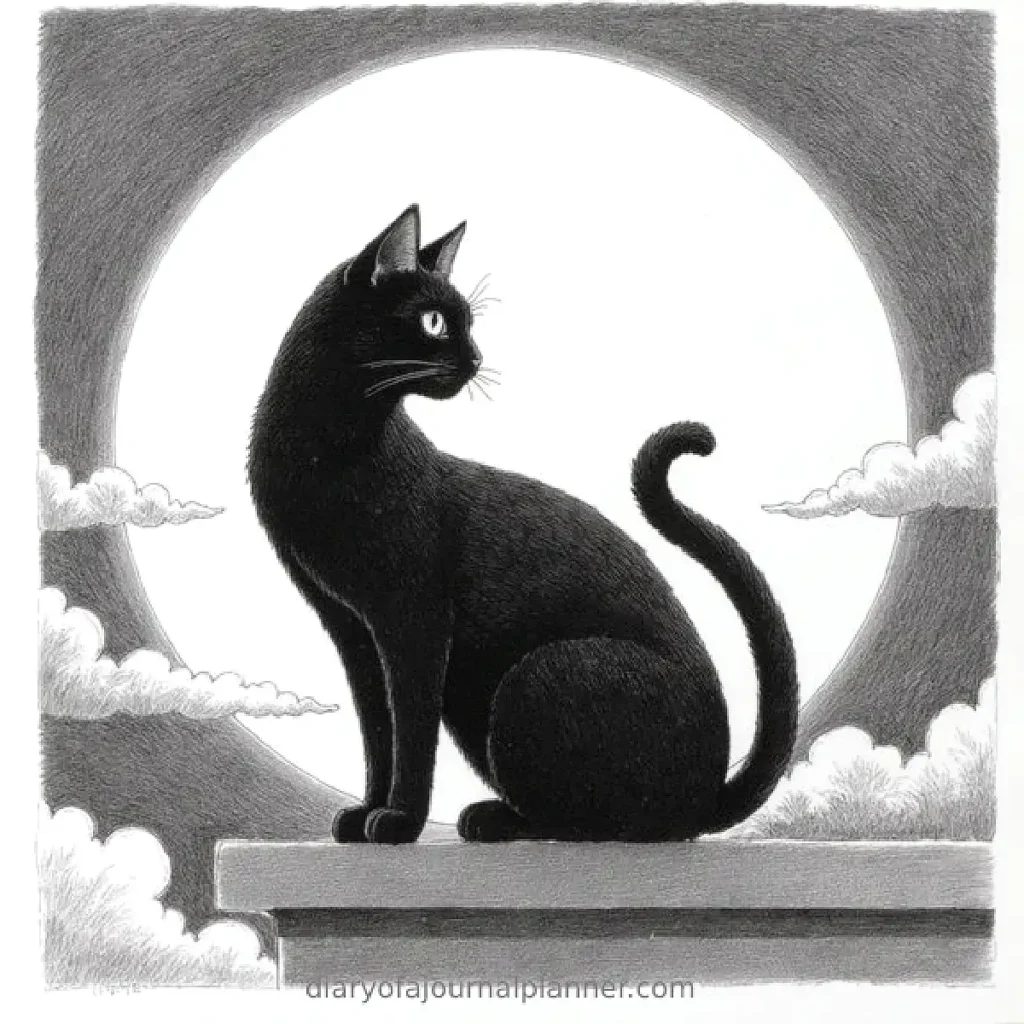 Black cat silhouetted against a full moon with clouds, creating a mysterious night-time scene.