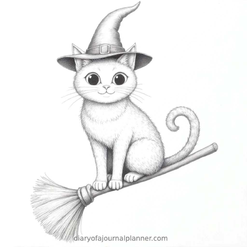 Cute cat with witch hat sitting on a broomstick, perfect for Halloween-themed designs.