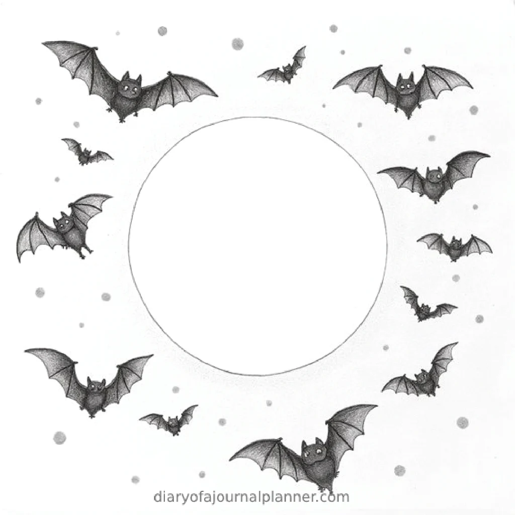 Illustrated circle frame with cute flying bats, perfect for Halloween-themed designs.