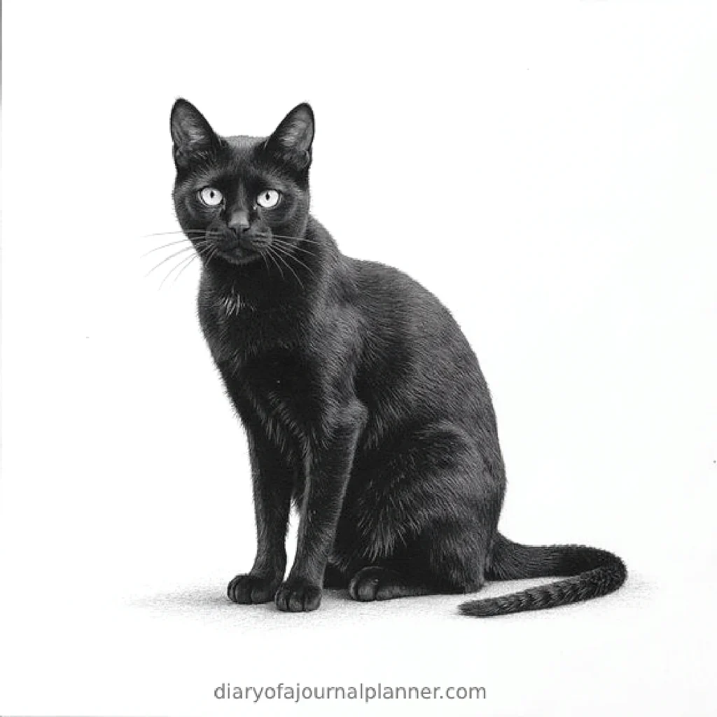 Black cat sitting against a white background, staring forward with piercing eyes.