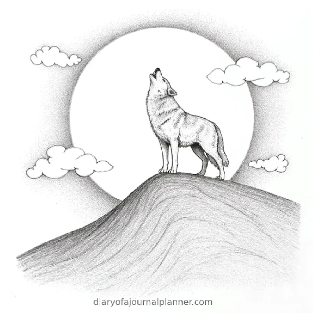 Howling wolf on a hill under a full moon with clouds, pencil sketch art.