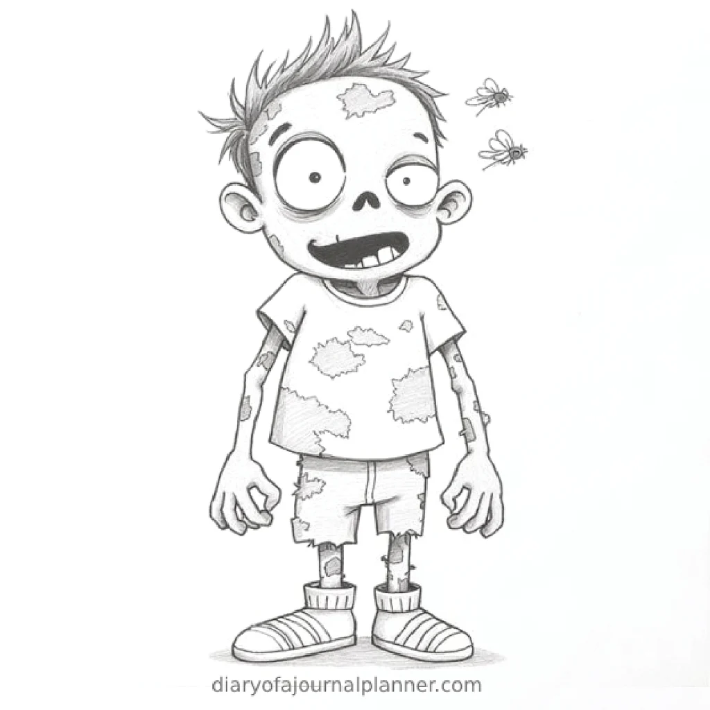 Cartoon zombie character with torn clothes, big eyes, and flies buzzing around in a playful sketch style.