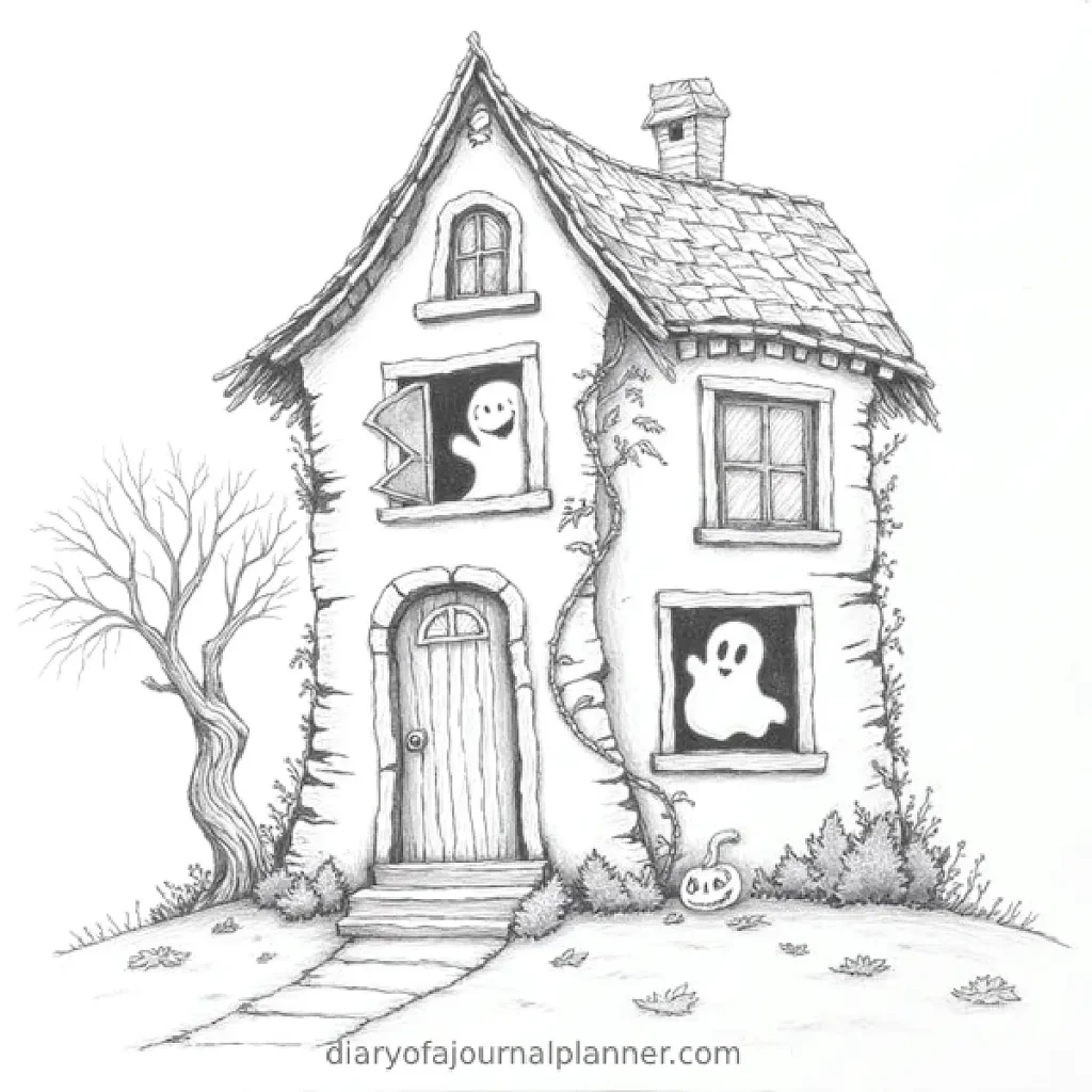 Haunted house with friendly ghosts and spooky pumpkin, perfect for Halloween decoration and themed activities.