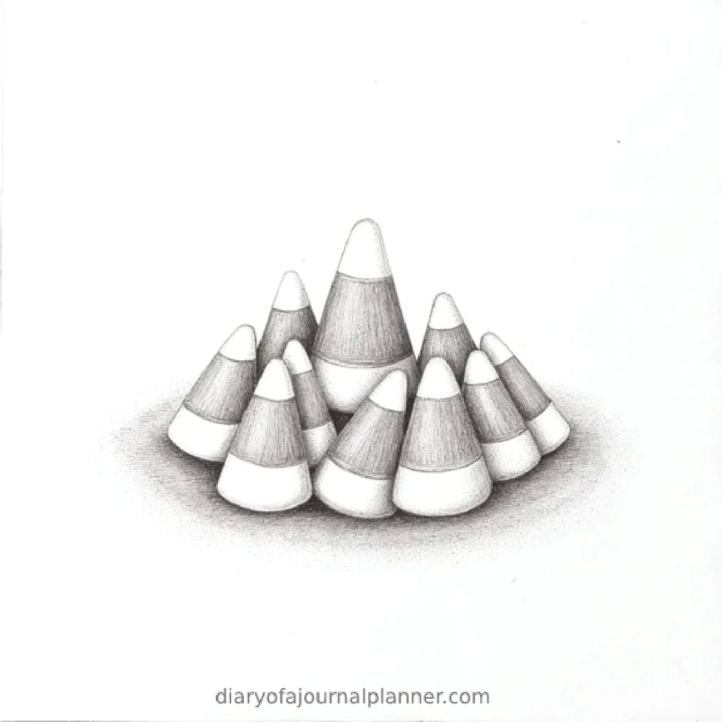 Illustrated group of candy corn arranged in a pyramid shape on a white background.