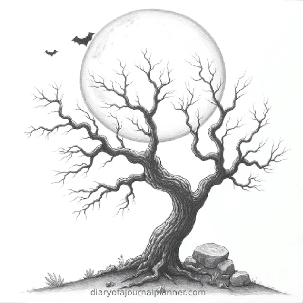 Spooky tree silhouette with full moon and bats in the background, perfect for Halloween imagery.
