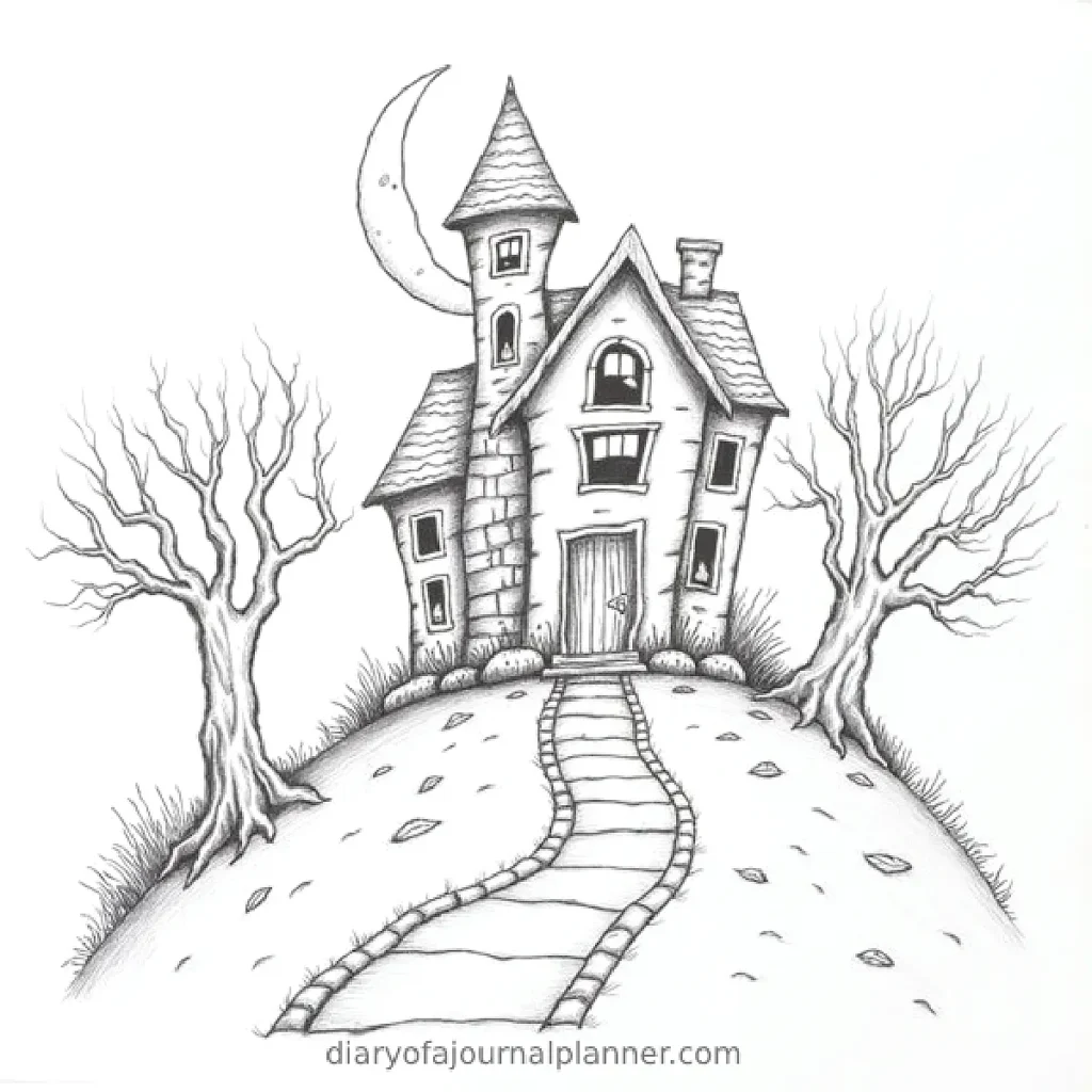 Spooky black and white sketch of a haunted house on a hill with bare trees and crescent moon.