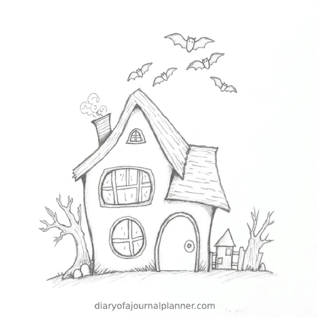 Whimsical haunted house with bats flying above, surrounded by leafless trees—a spooky Halloween drawing.