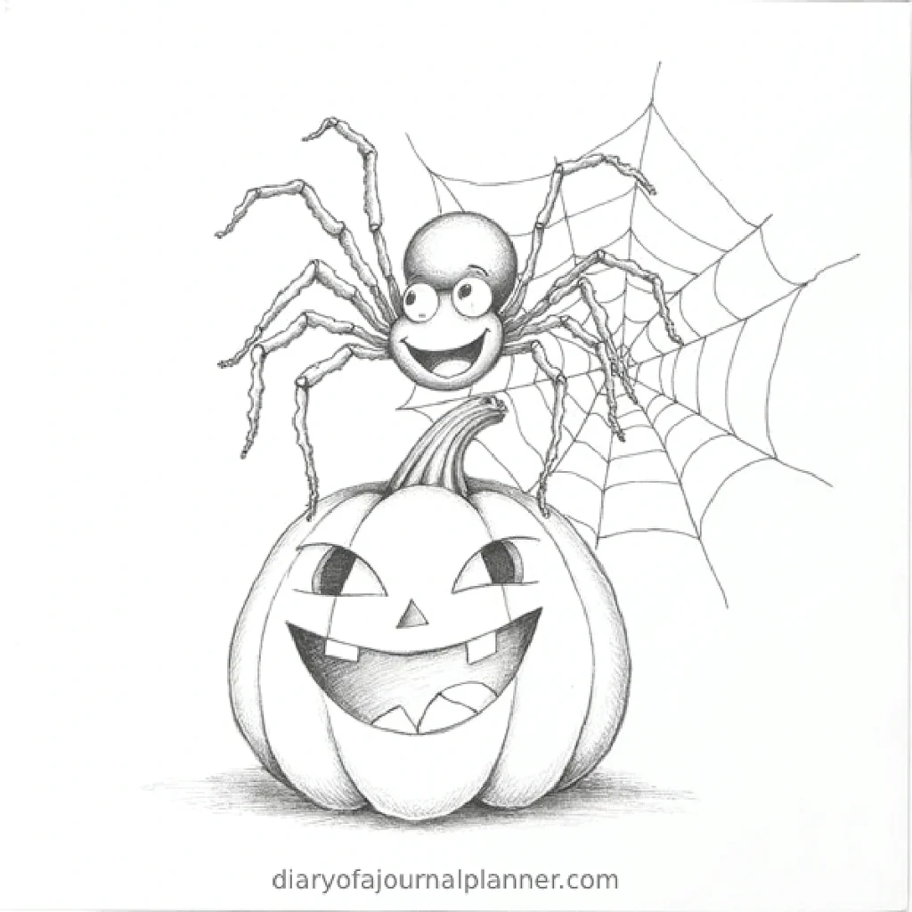 Cute spider on a jack-o'-lantern with web, black and white Halloween illustration.