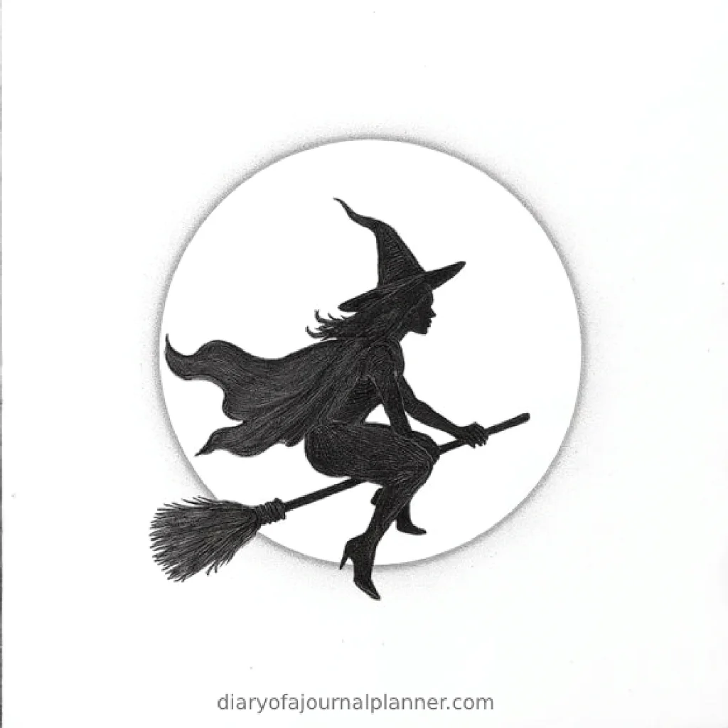 Silhouette of a witch flying on a broomstick in front of a full moon, wearing a hat and cloak.